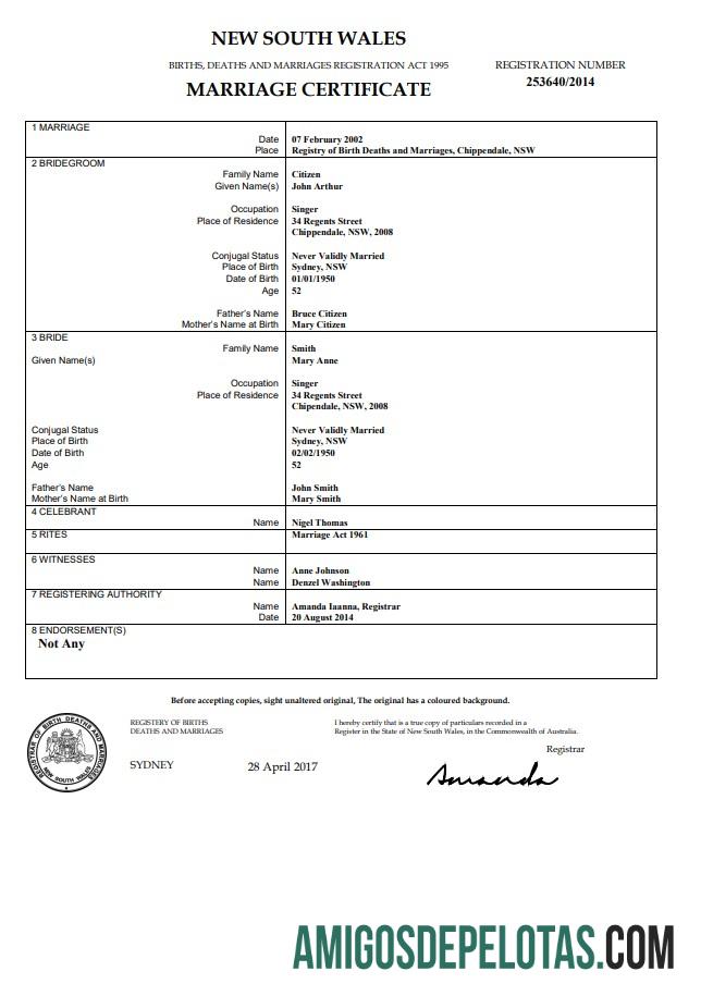 Imprimível modelo de certidão de casamento da Austrália e Nova Gales do Sul no Word